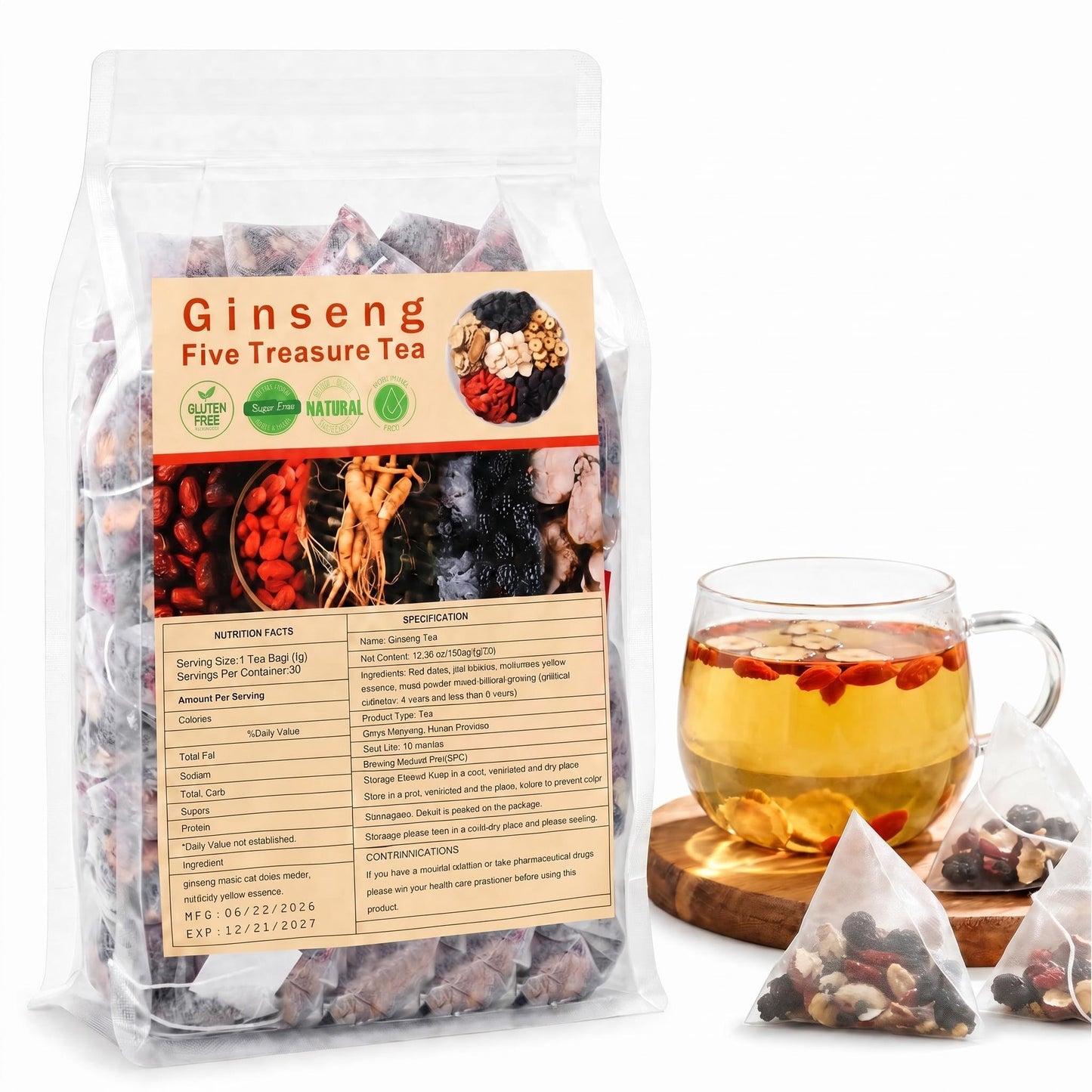 Ginseng Five Treasure Herbal Tea — Caffeine-Free Botanical Blend, 30 Pyramid Tea Bags