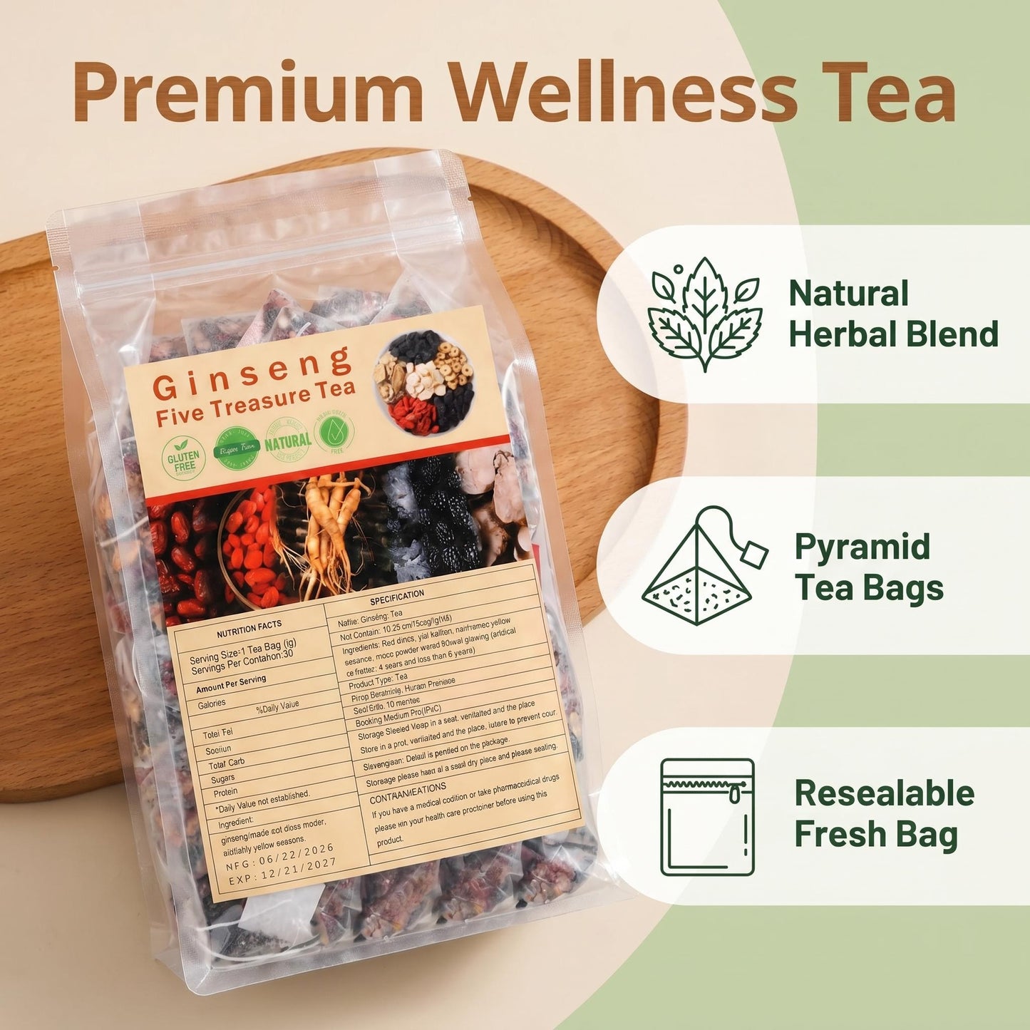 Ginseng Five Treasure Herbal Tea — Caffeine-Free Botanical Blend, 30 Pyramid Tea Bags
