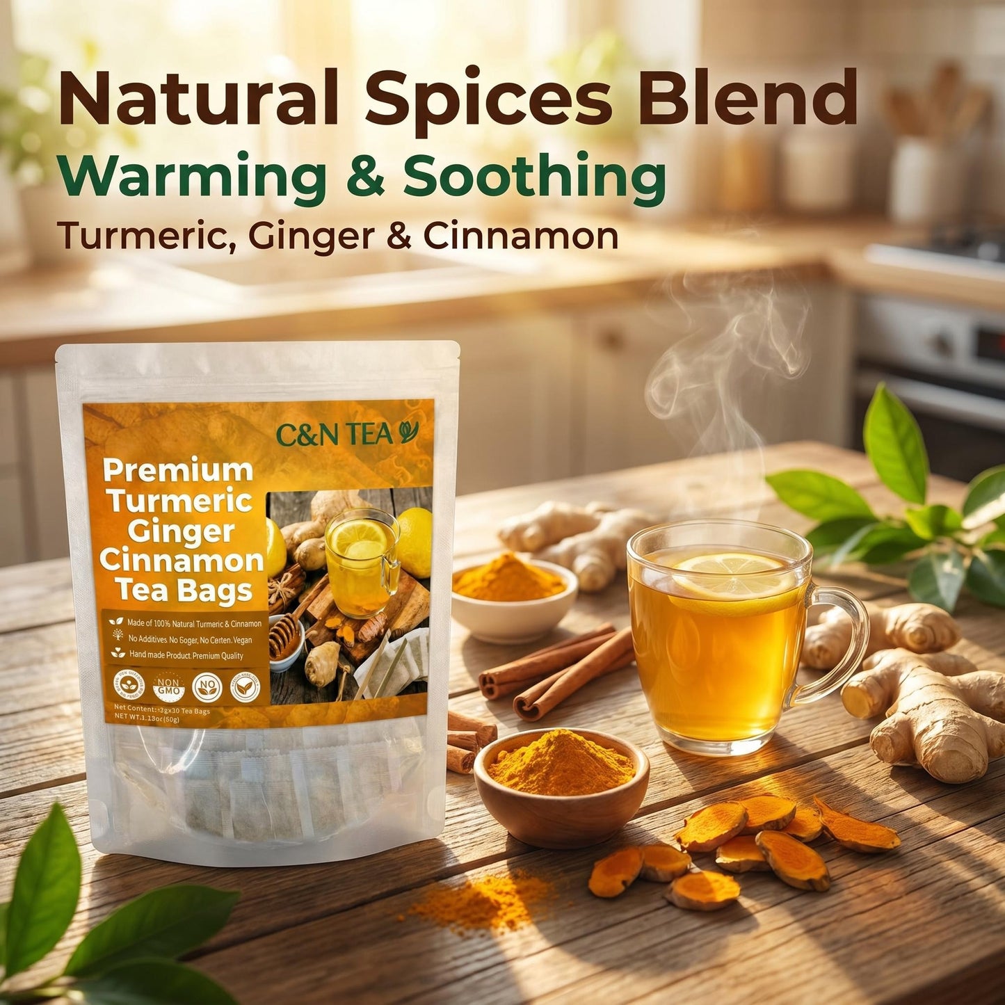 Turmeric Ginger Cinnamon Tea — Caffeine-Free Herbal Tea, 30 Tea Bags