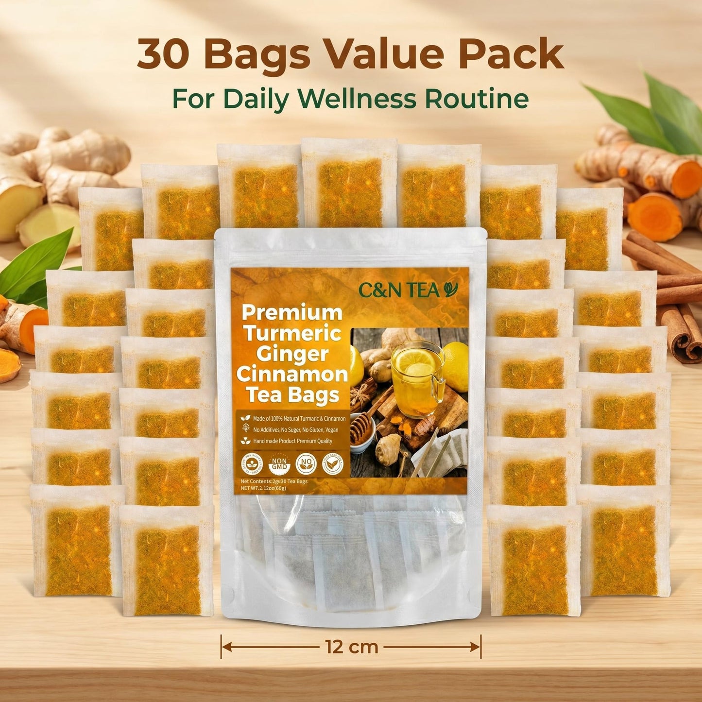 Turmeric Ginger Cinnamon Tea — Caffeine-Free Herbal Tea, 30 Tea Bags