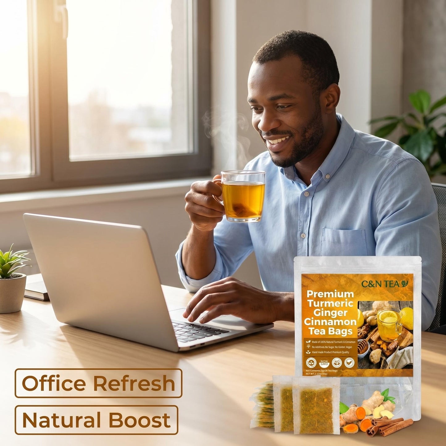 Turmeric Ginger Cinnamon Tea — Caffeine-Free Herbal Tea, 30 Tea Bags