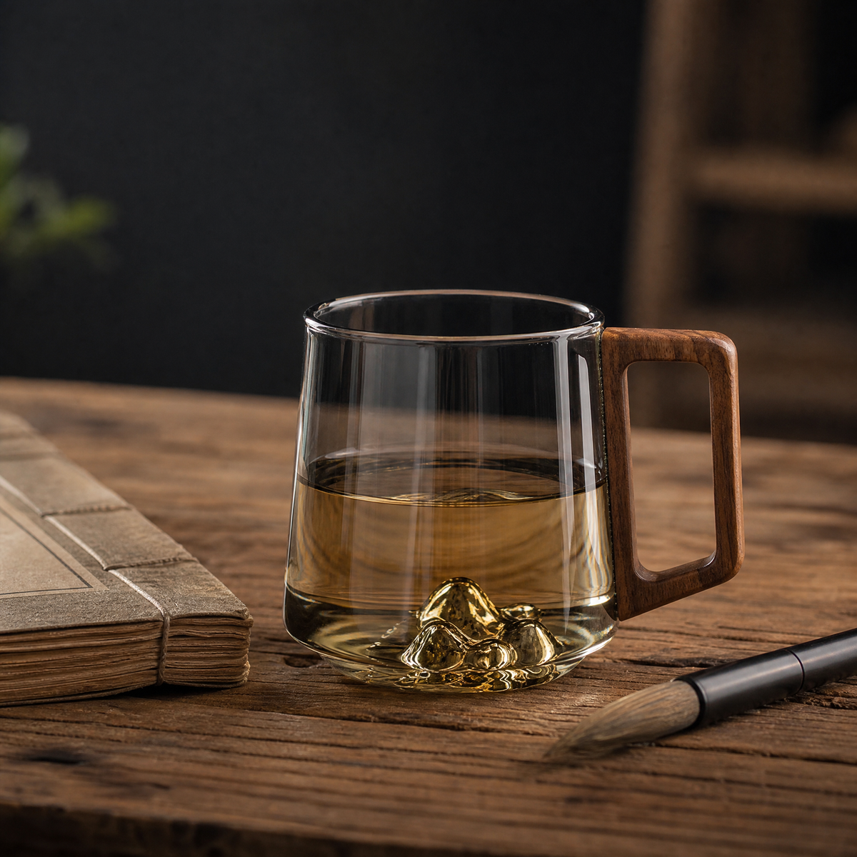 Guanshan Glass Mug with Wooden Side Handle, 400ml