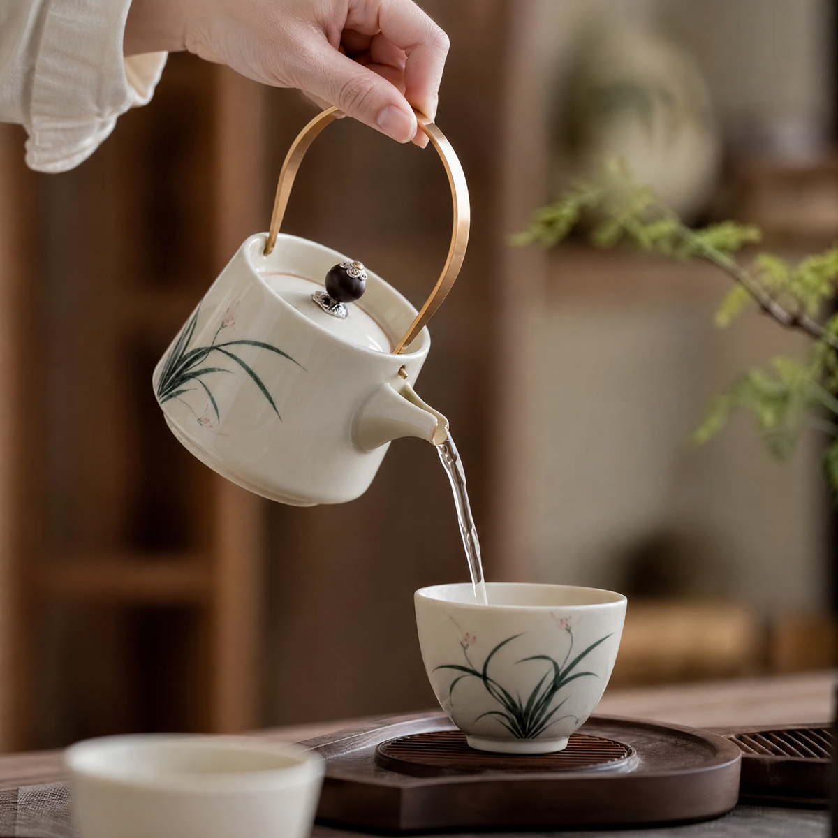 Hand-Painted Ceramic Teapot — Ink Blue & Bamboo