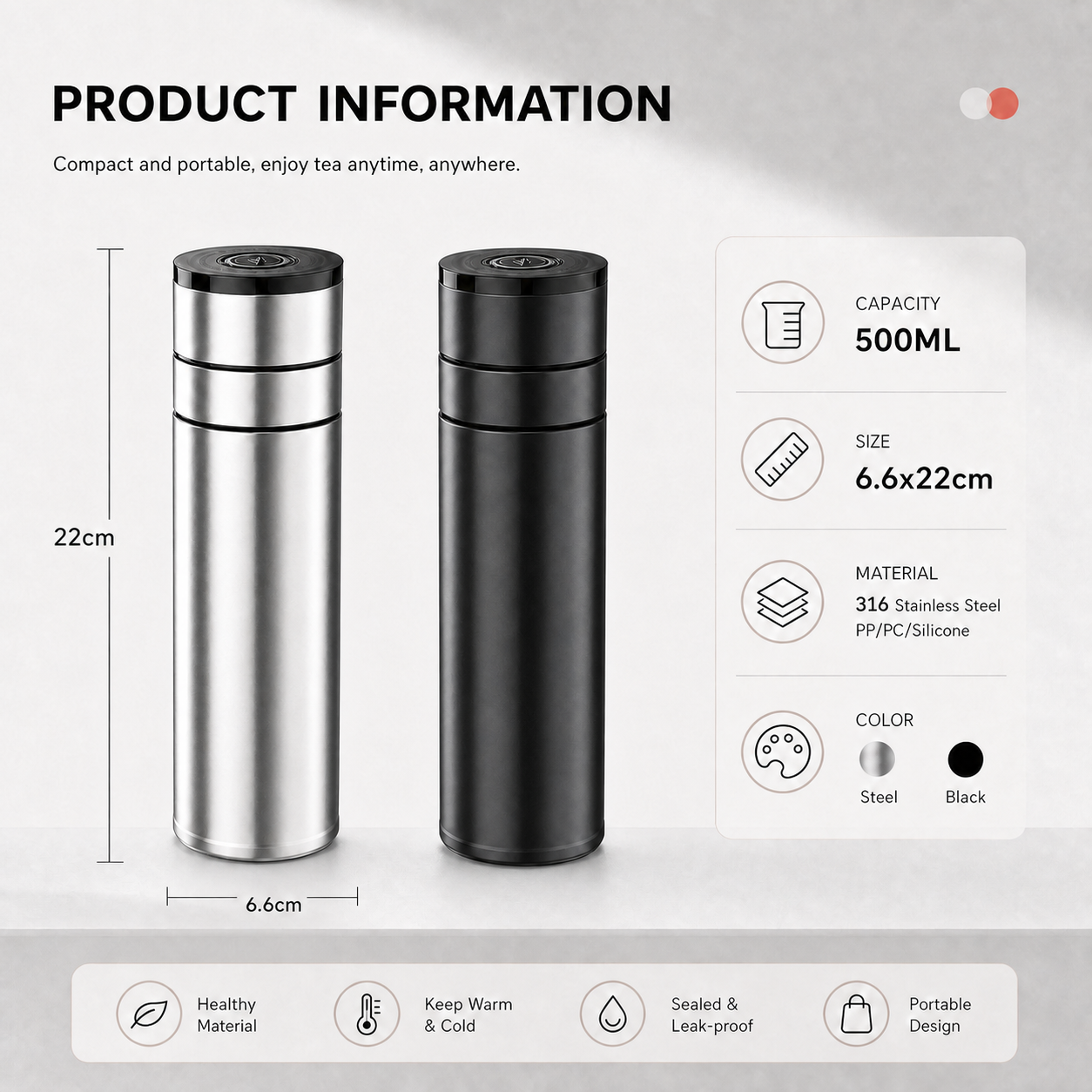 316 Stainless Steel Tea Thermos, 500ml