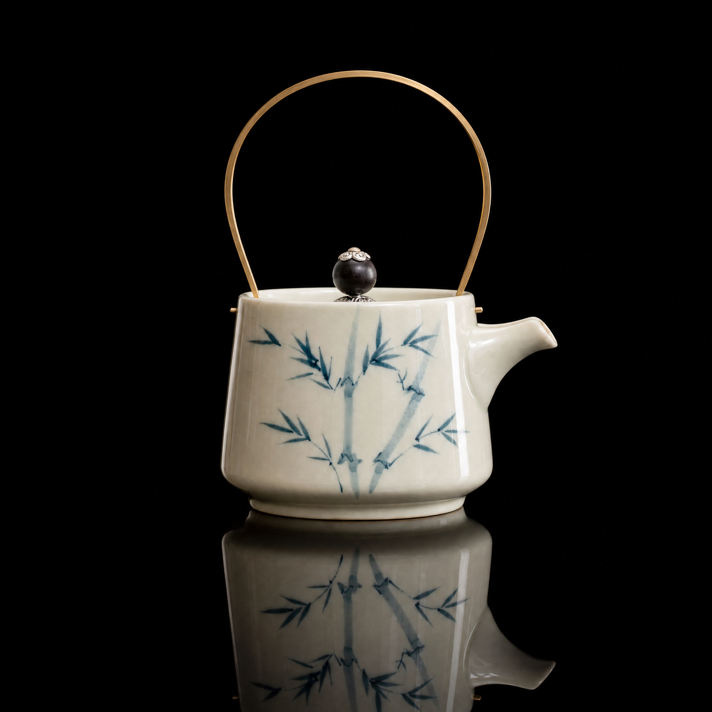 Hand-Painted Ceramic Teapot — Ink Blue & Bamboo