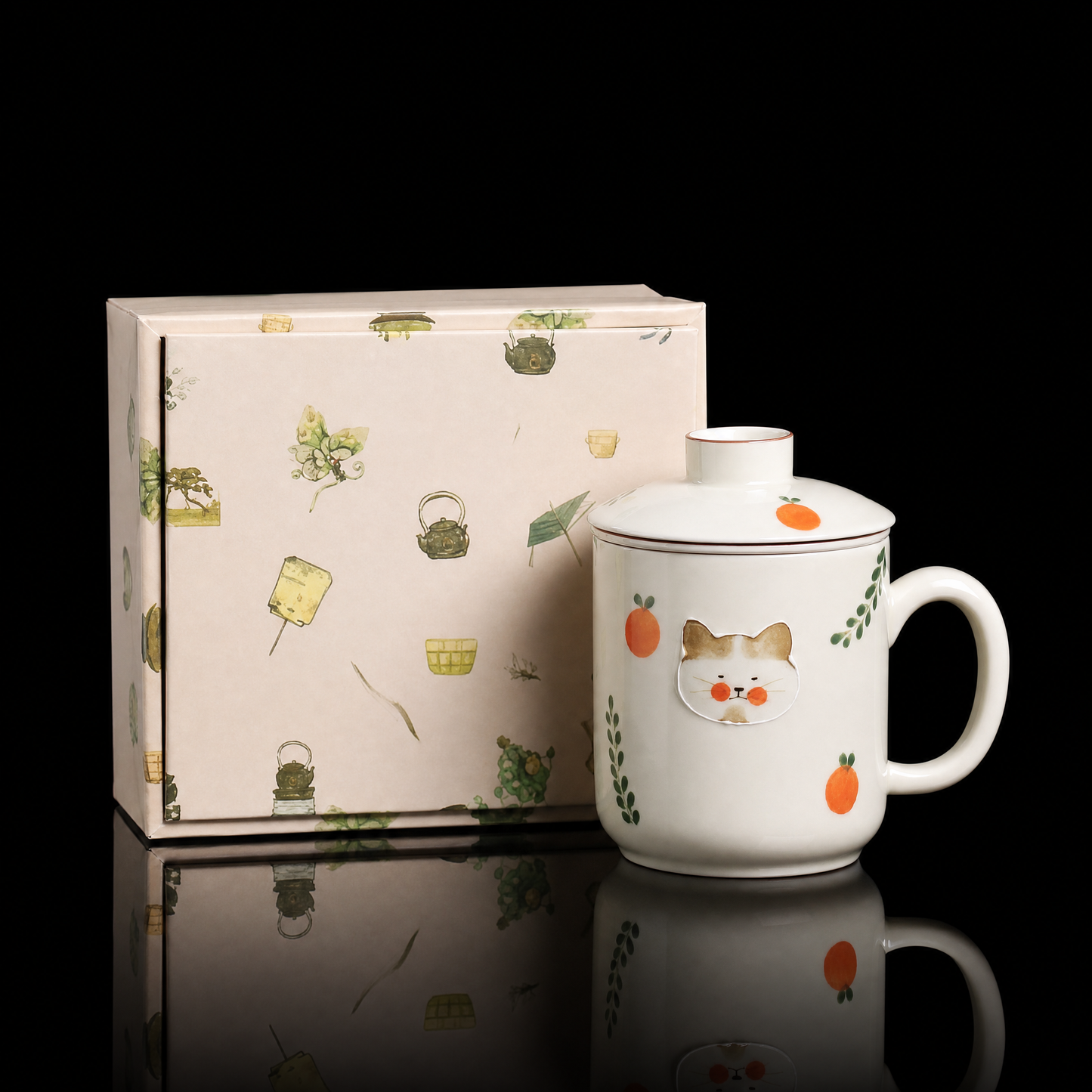 Hand-Painted Cat Infuser Mug, 320ml (Dehua)