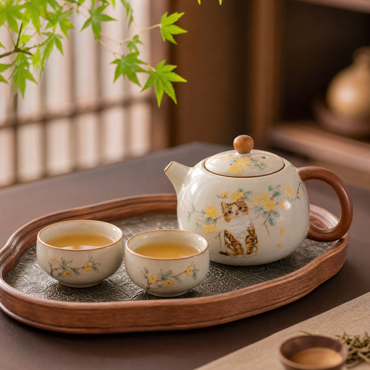 Ru-Style Xi Shi Teapot — Peach Blossom & Flower Cat