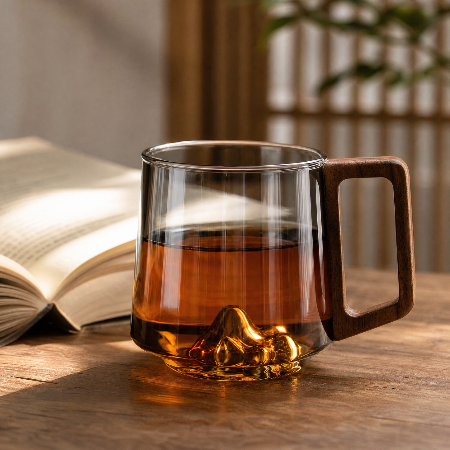 Guanshan Glass Mug with Wooden Side Handle, 400ml