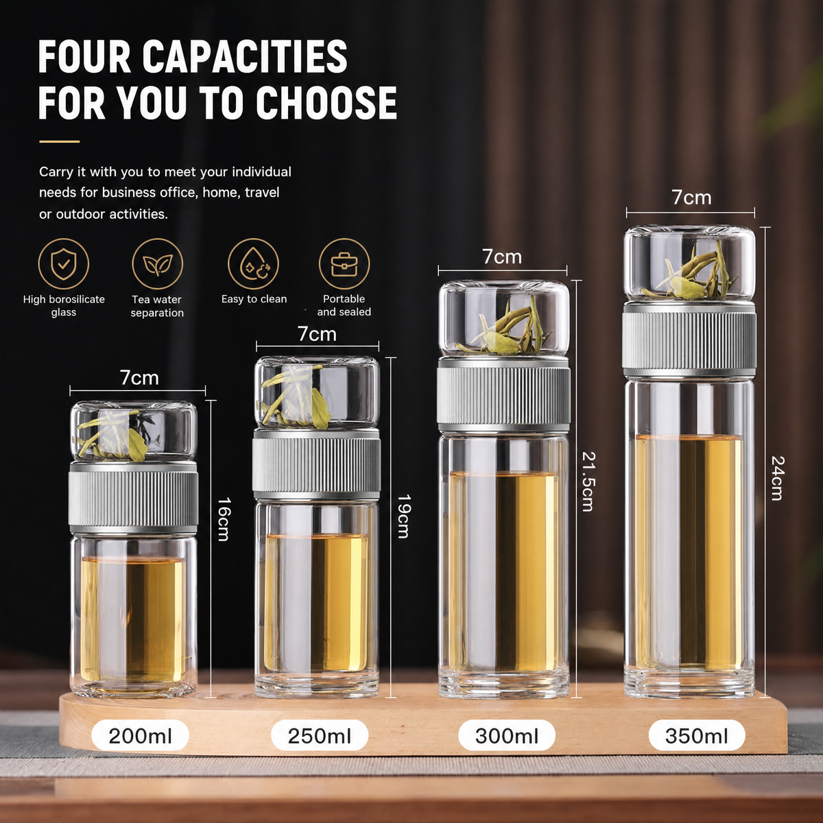 Double-Wall Glass Tea Tumbler, 200–350ml