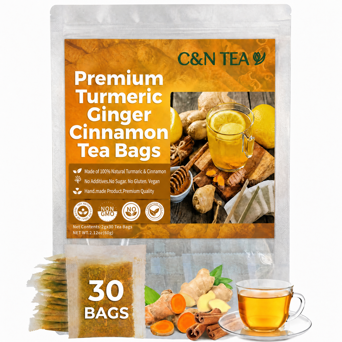 Turmeric Ginger Cinnamon Tea — Caffeine-Free Herbal Tea, 30 Tea Bags