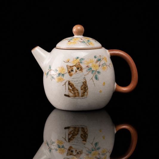 Ru-Style Xi Shi Teapot — Peach Blossom & Flower Cat