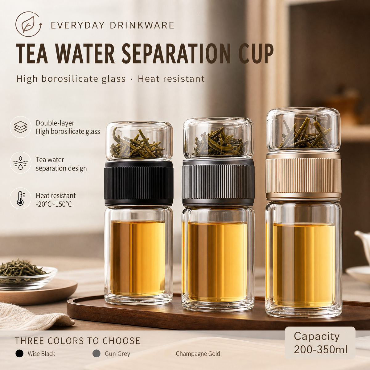 Double-Wall Glass Tea Tumbler, 200–350ml