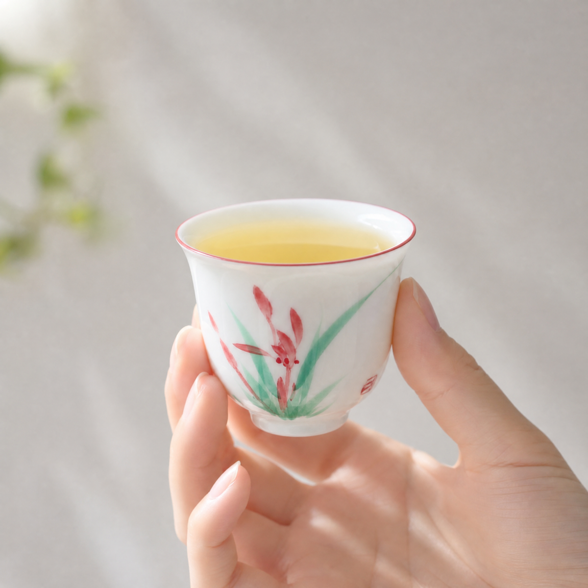 Hand-Painted Orchid & Cherry Blossom Tea Cup