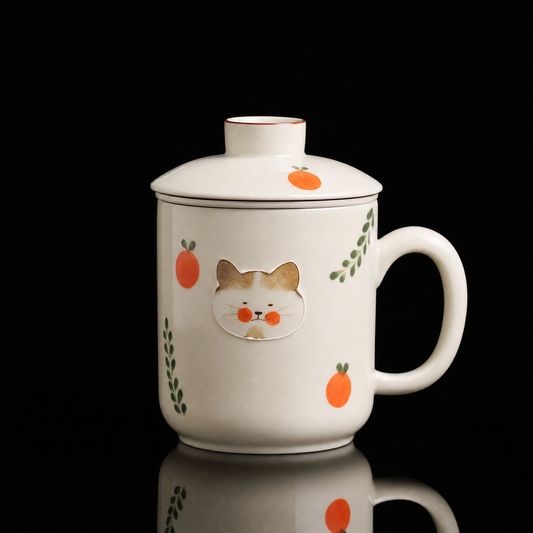 Hand-Painted Cat Infuser Mug, 320ml (Dehua)