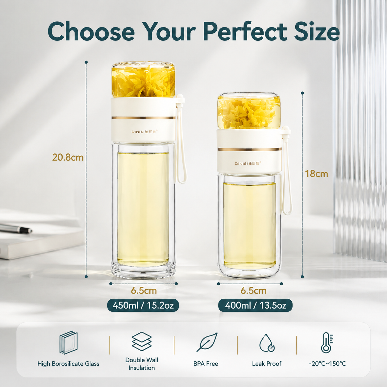 Double-Wall Glass Tea Infuser Bottle, 400-450ml