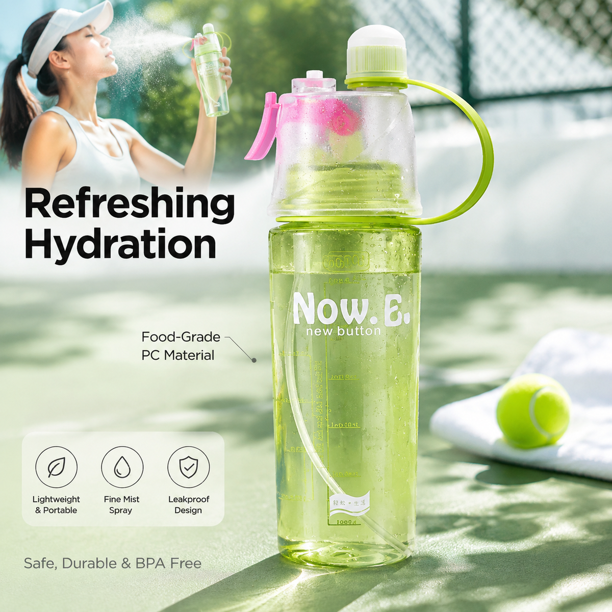 Sports Water Bottle with Mist Spray, 400ml 600ml