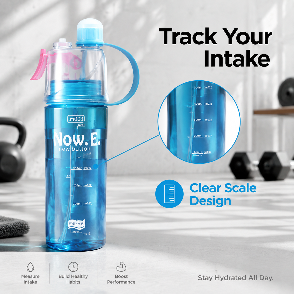 Sports Water Bottle with Mist Spray, 400ml 600ml