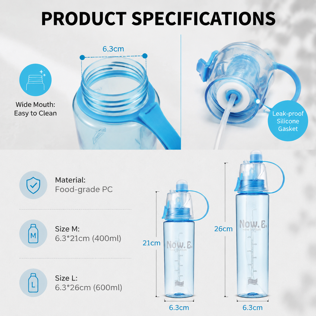 Sports Water Bottle with Mist Spray, 400ml 600ml