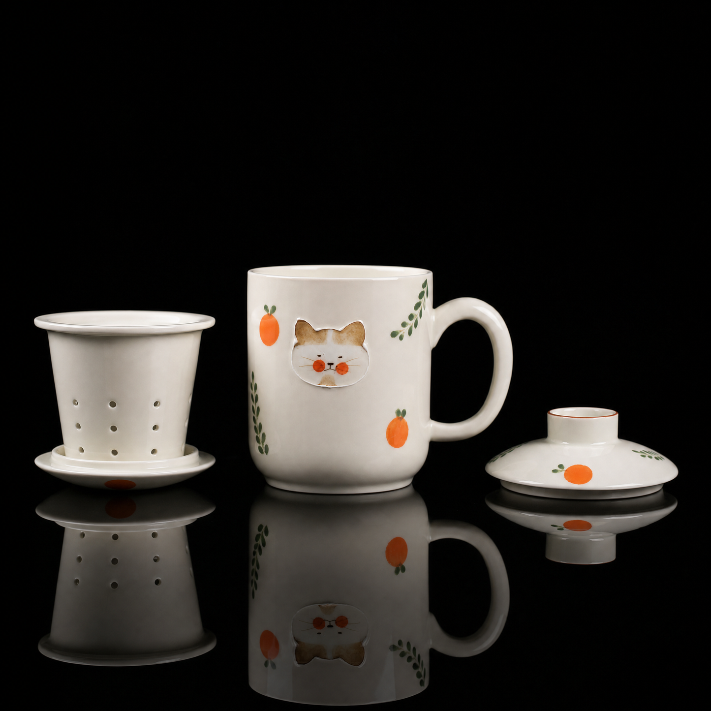 Hand-Painted Cat Infuser Mug, 320ml (Dehua)