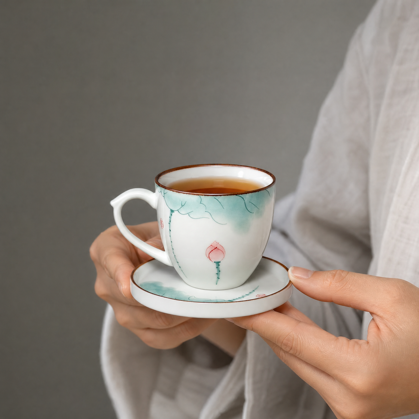 Hand-Painted Lotus Porcelain Cup