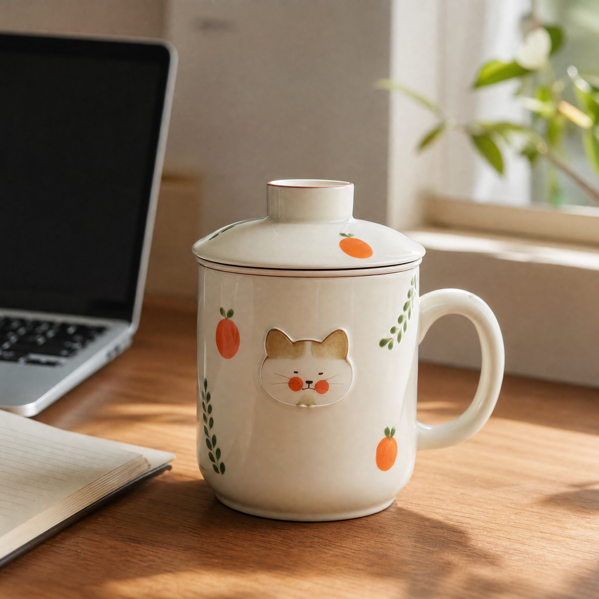 Hand-Painted Cat Infuser Mug, 320ml (Dehua)