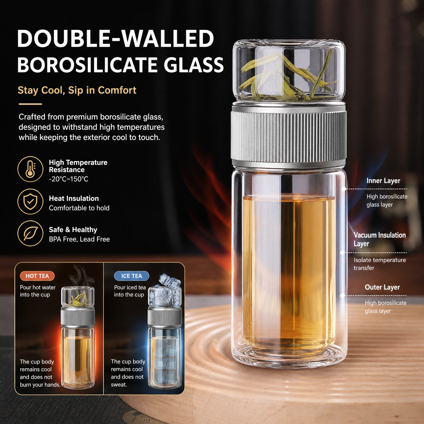 Double-Wall Glass Tea Tumbler, 200–350ml