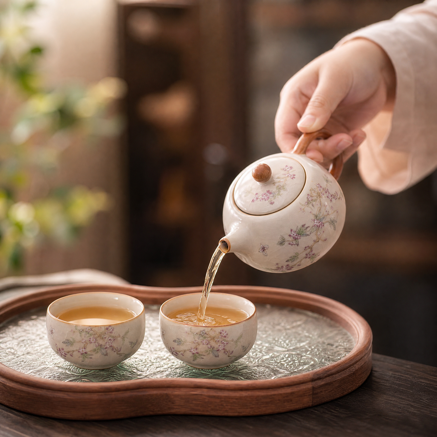 Ru-Style Xi Shi Teapot — Peach Blossom & Flower Cat